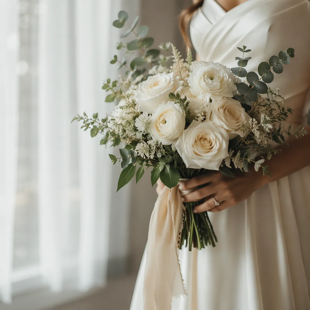 Elegant White Rose Wedding Bouquet Close-Up