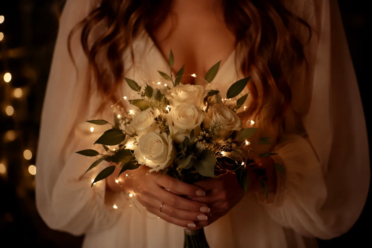 Elegant White Rose Wedding Bouquet Glow