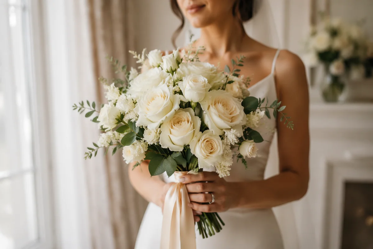 White Rose Wedding Bouquet in Soft Light
