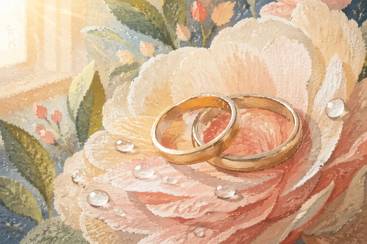Wedding Rings on Blush Flower Petals
