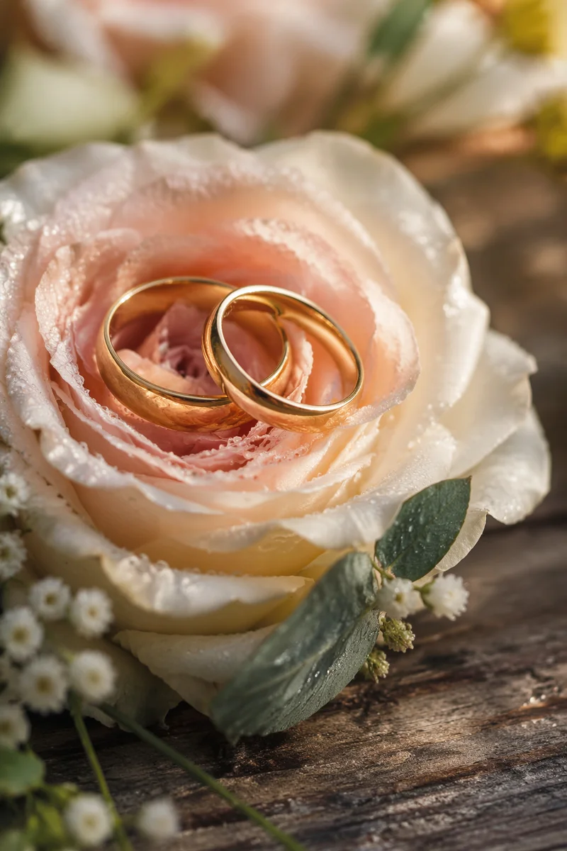 Gold Wedding Rings on Rose Petals