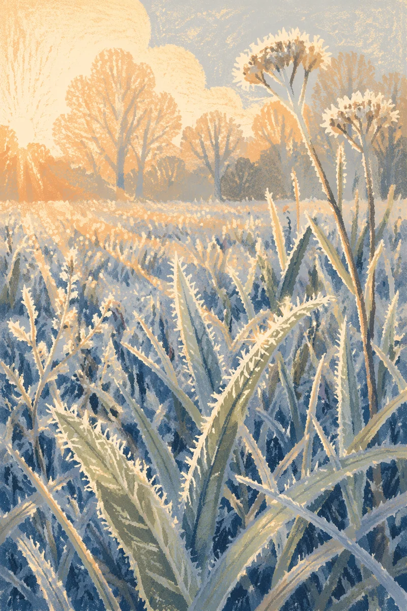 Winter Sunrise Frost on Meadow Grass