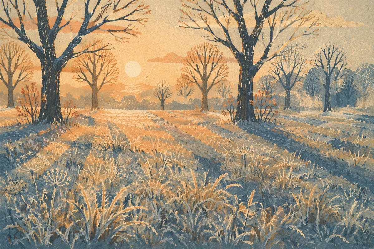 Winter Sunrise Frost Sparkling on Meadow Grass