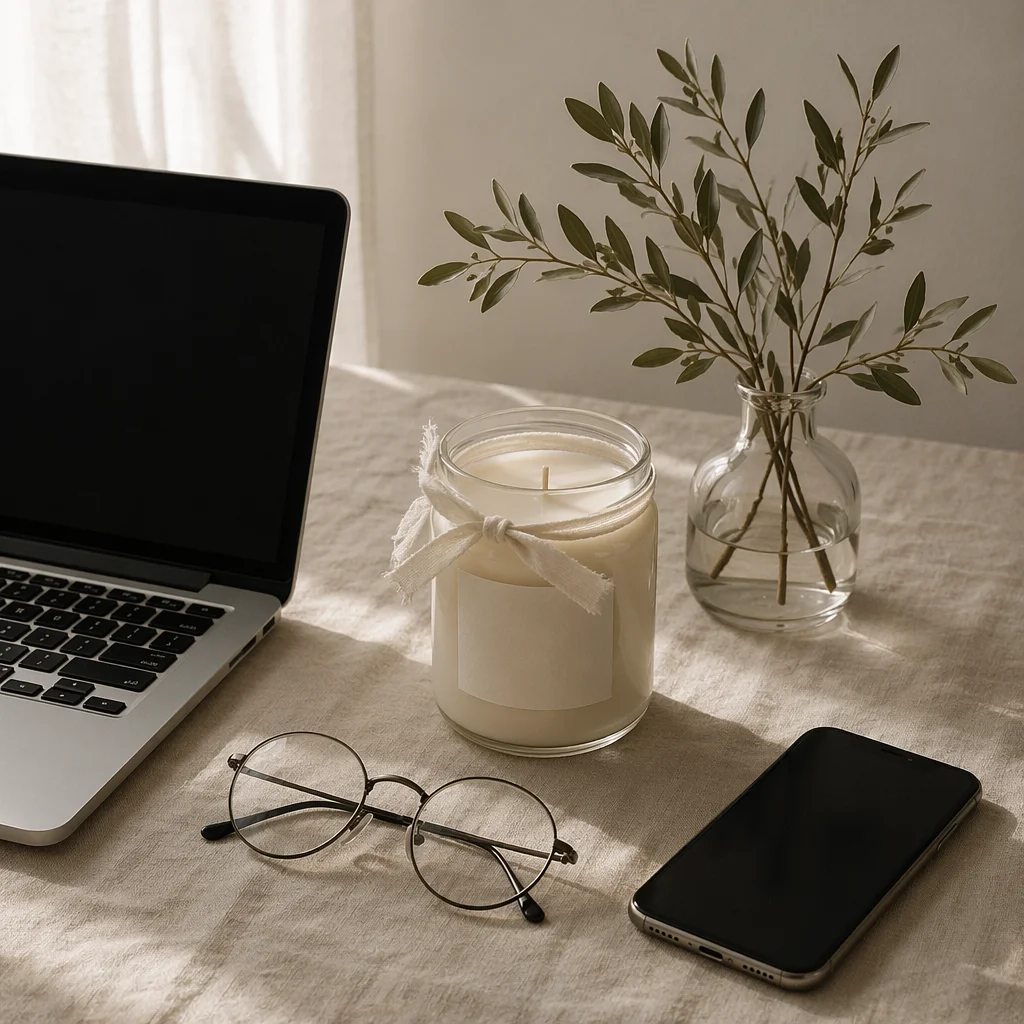Minimal Desk Setup with Plant and Candle