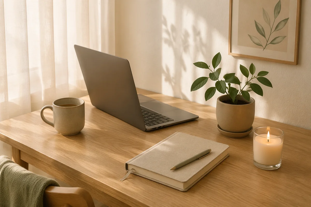 Cozy Aesthetic Desk Setup with Candle