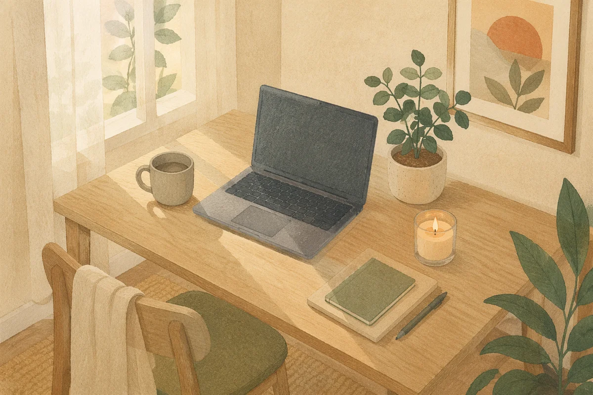 Serene Desk Setup with Plant and Candle