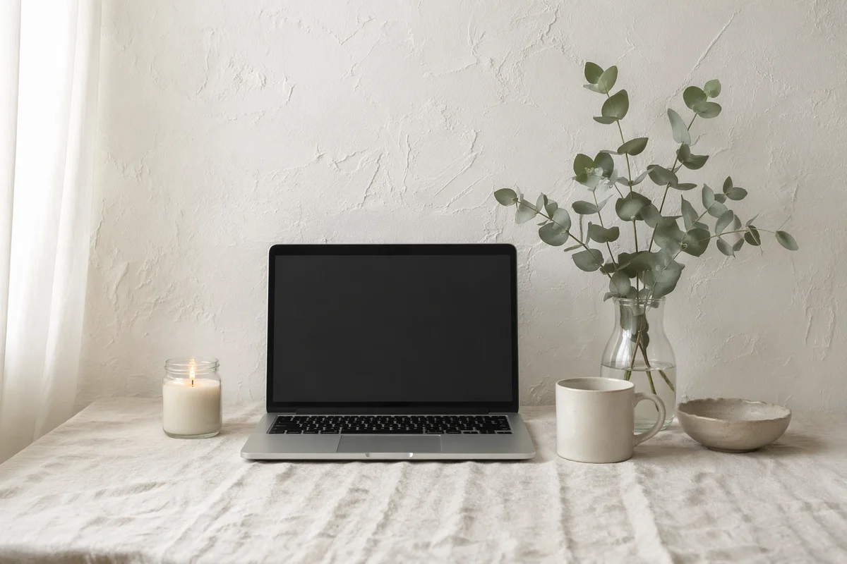 Minimal Aesthetic Desk with Candle and Plant