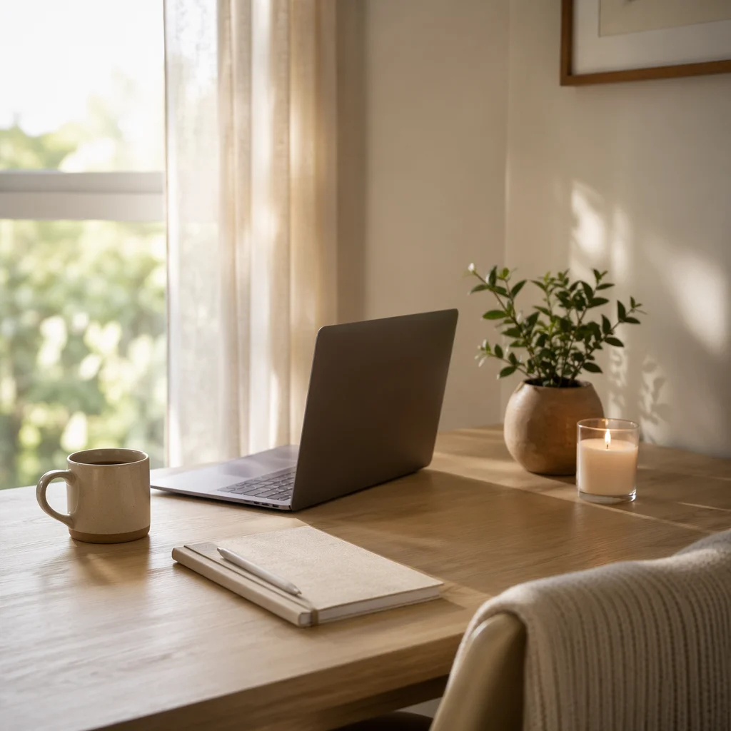Cozy Aesthetic Desk Setup with Candle