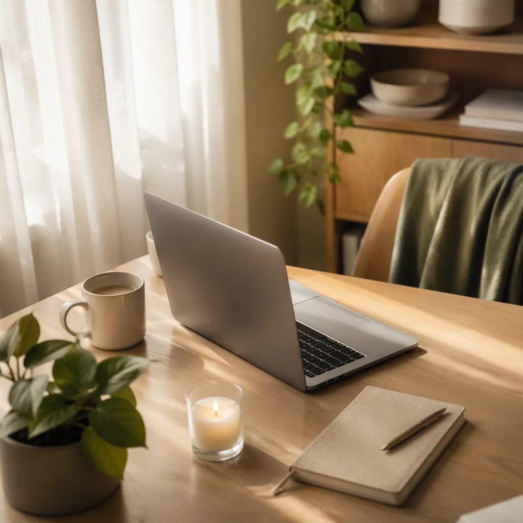 Serene Aesthetic Desk Setup with Plant