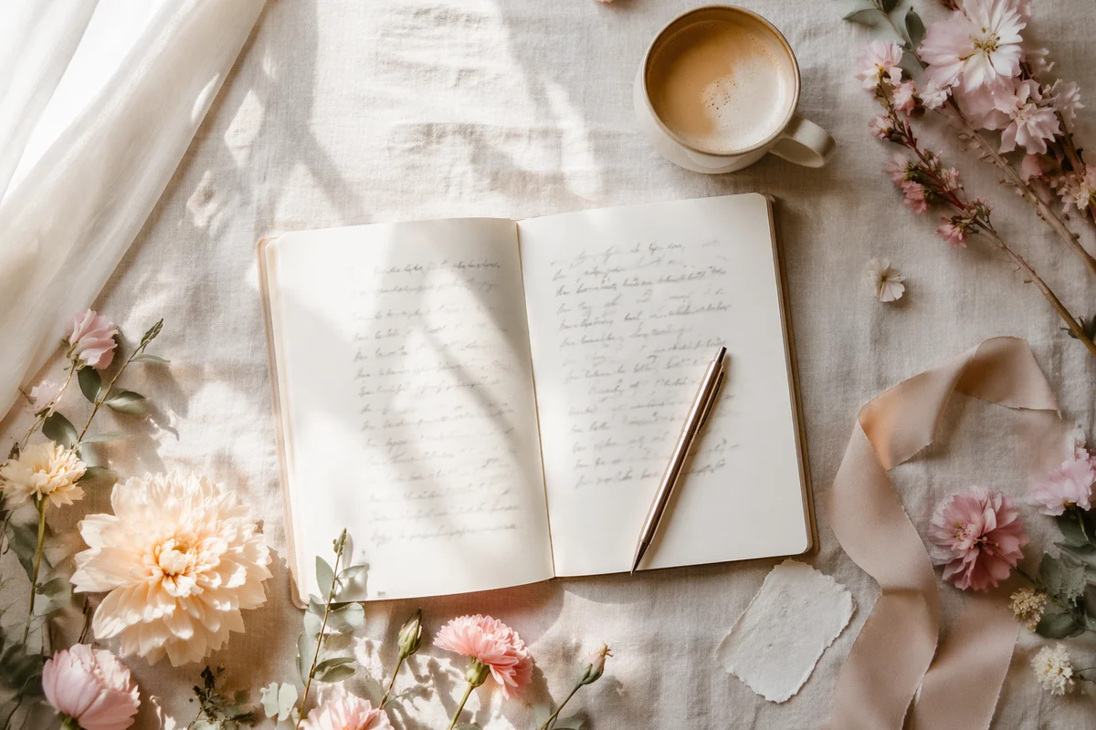 Minimal Journal Coffee and Flowers Flat Lay