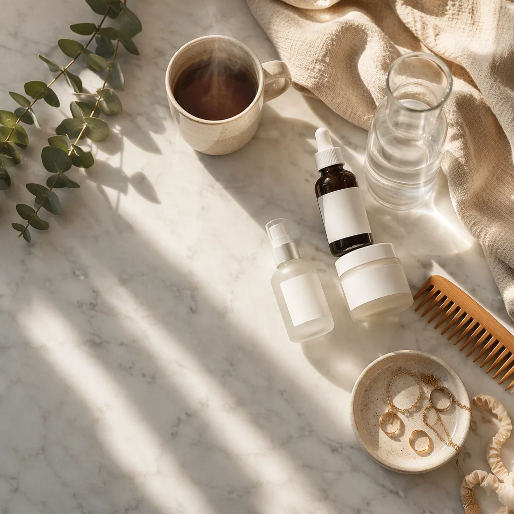 Aesthetic Morning Routine Flat Lay on Marble