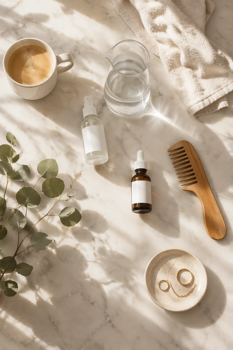 Aesthetic Morning Routine Flat Lay on Marble