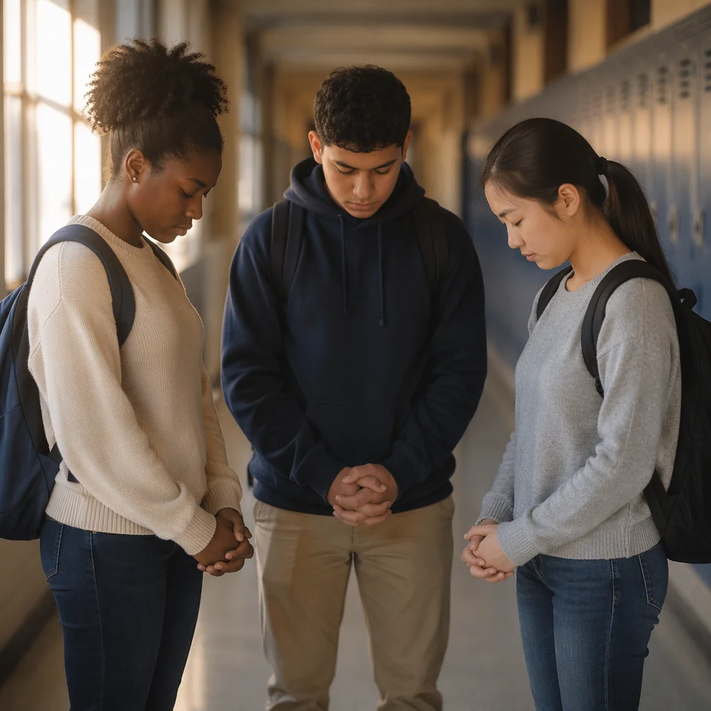 Three Students Praying in School Hallway