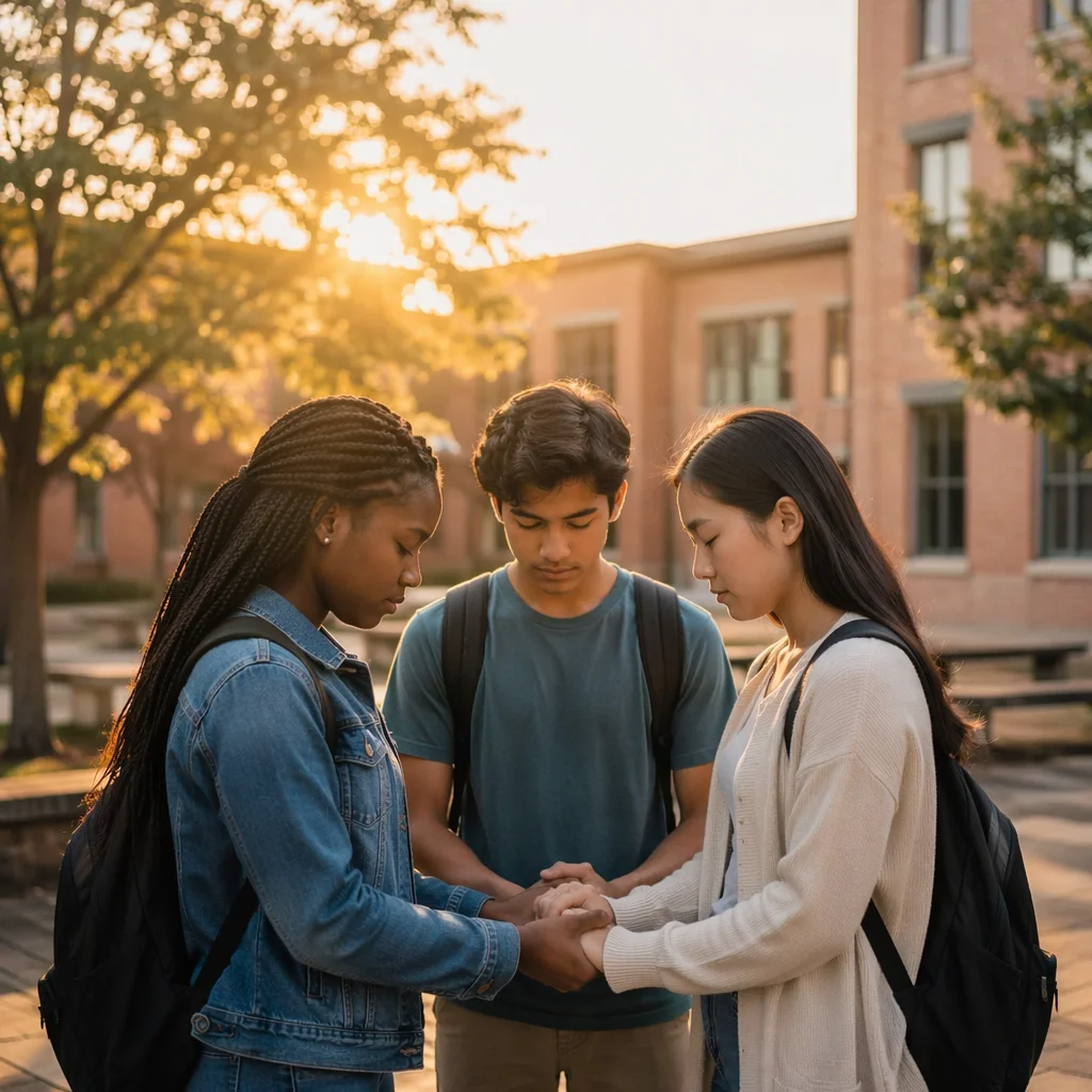 Three Students Praying in School Courtyard