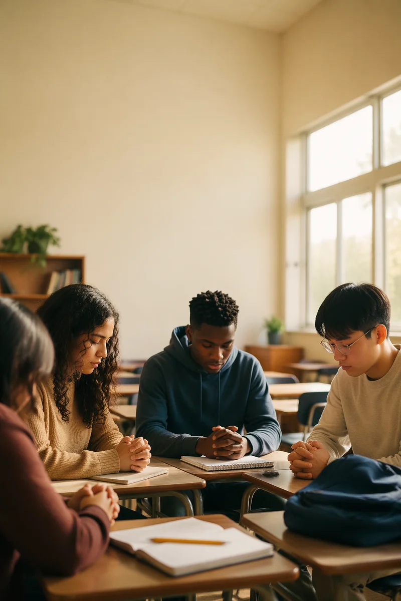 Students Praying in Sunlit Classroom