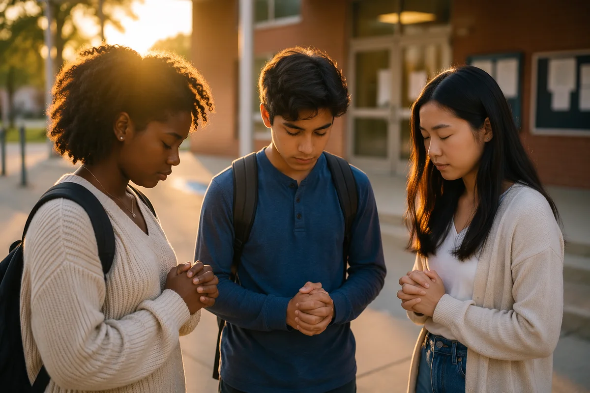 Three Students Praying at School Sunrise