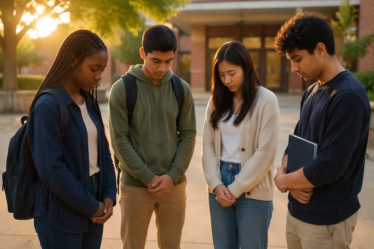 Students Praying in School Courtyard Sunrise
