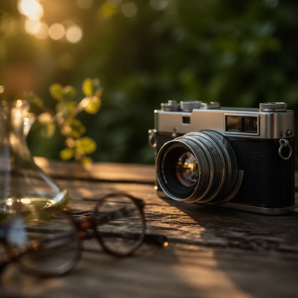 Vintage Camera on Rustic Outdoor Table