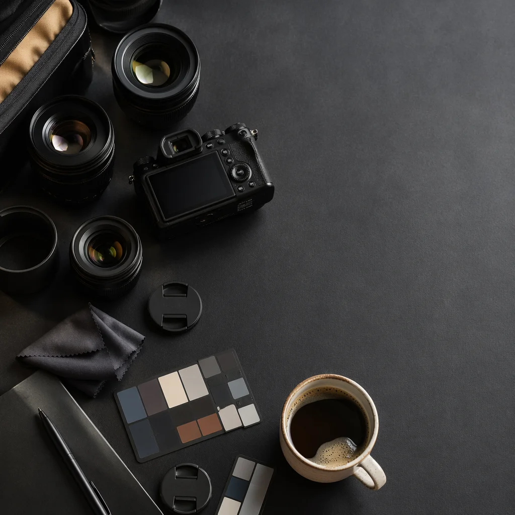 Behind the Scenes Camera Lens Flat Lay