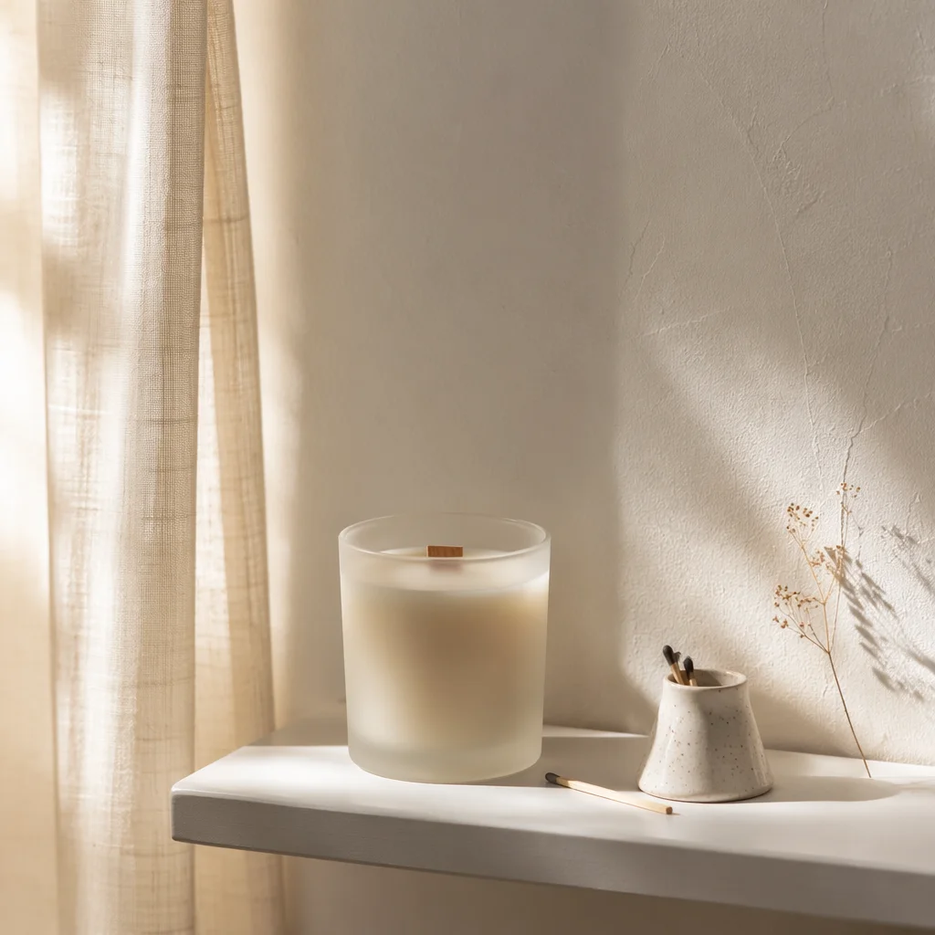 Minimal Candle Jar on White Shelf