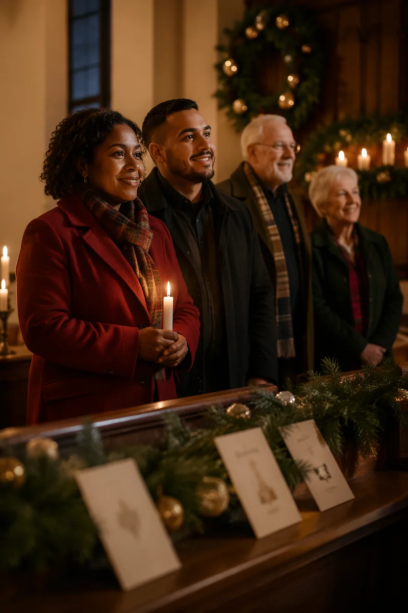 Warm Christmas Gathering in Candlelit Chapel