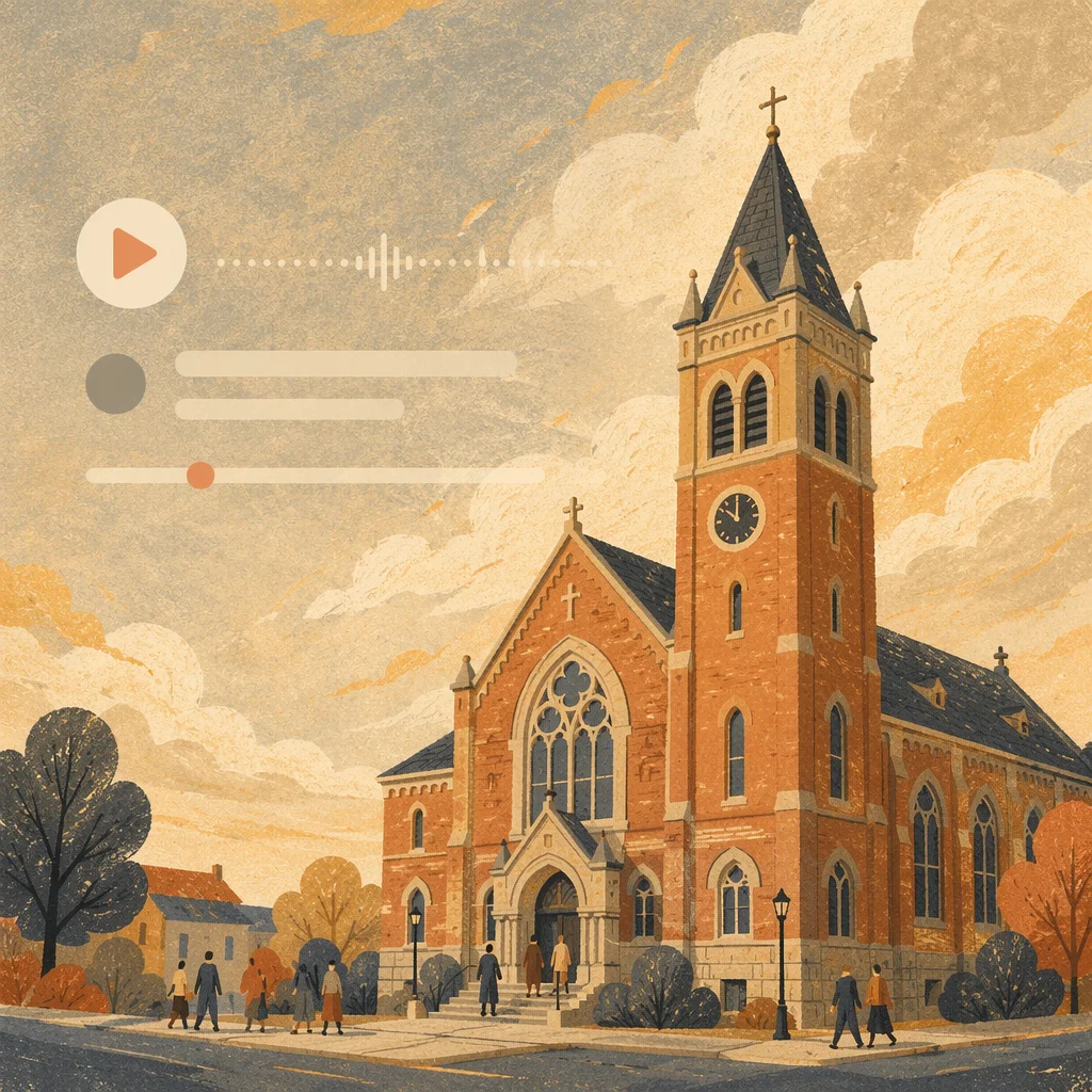 Historic Brick Church with Clock Tower
