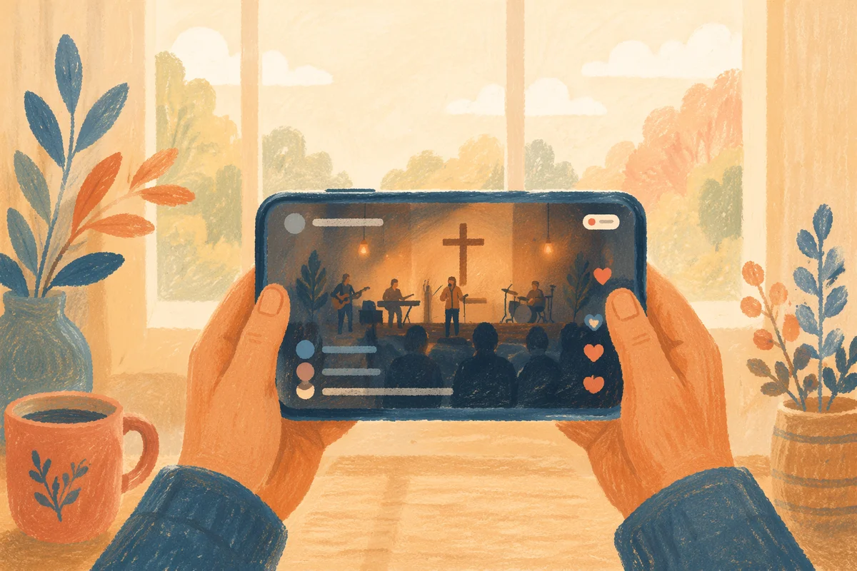 Hands Holding Smartphone with Church Livestream