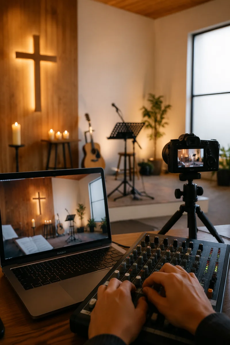 Chapel Livestream Setup with Cross and Laptop