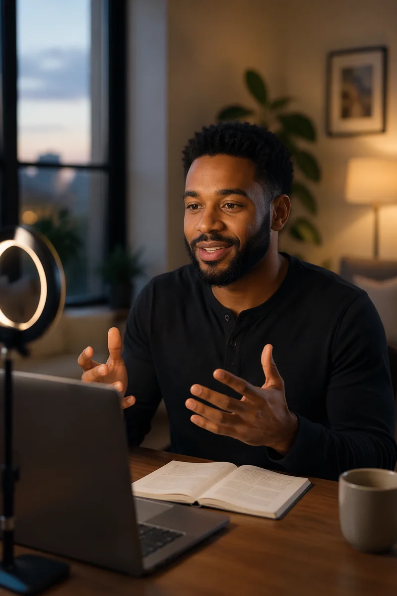 Man Speaking at Desk Livestream Setup