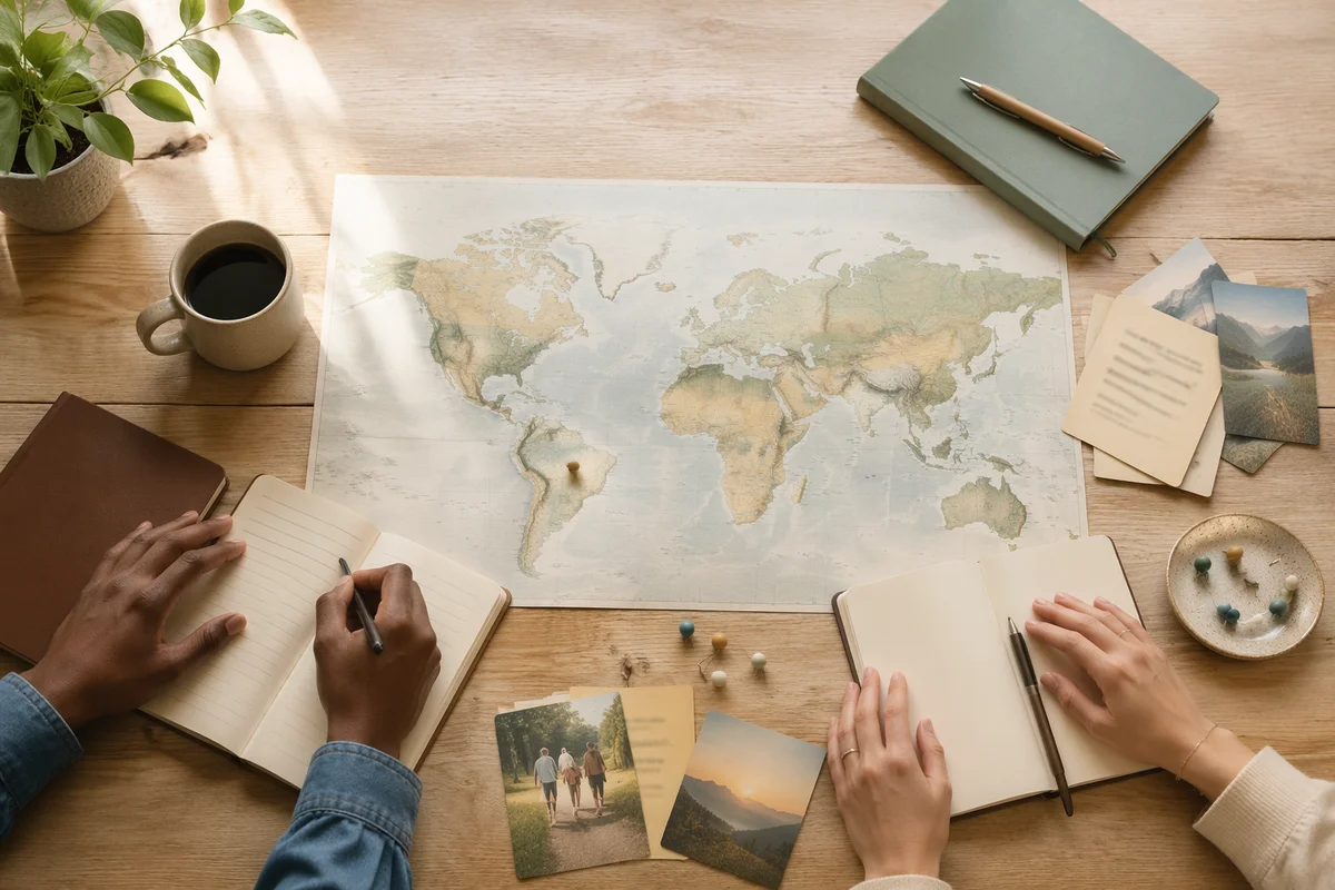 Overhead Desk with World Map and Hands