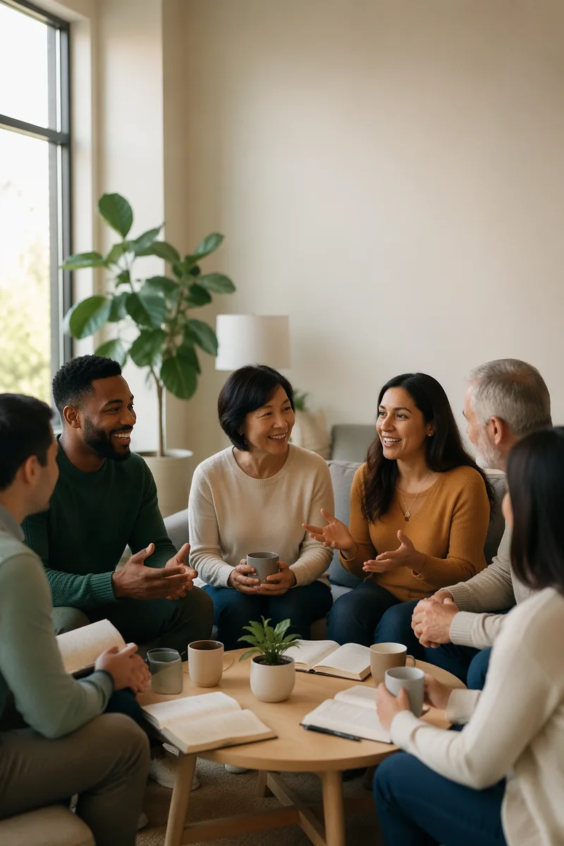 Diverse Adults Meeting in Modern Lounge