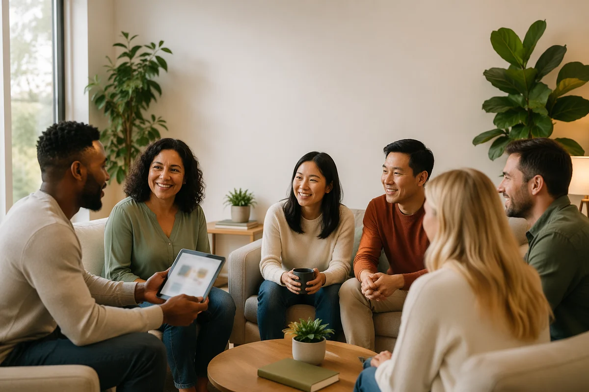Diverse Adults Gathering in Modern Lounge