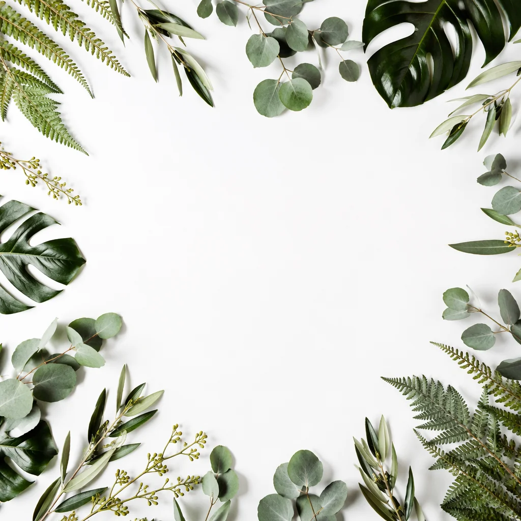 White Background with Botanical Leaf Border
