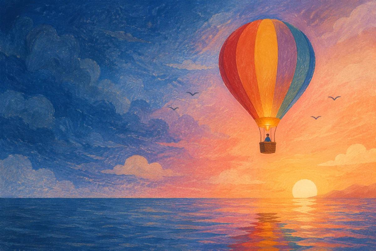 Colorful Hot Air Balloon Over Sunset Sea