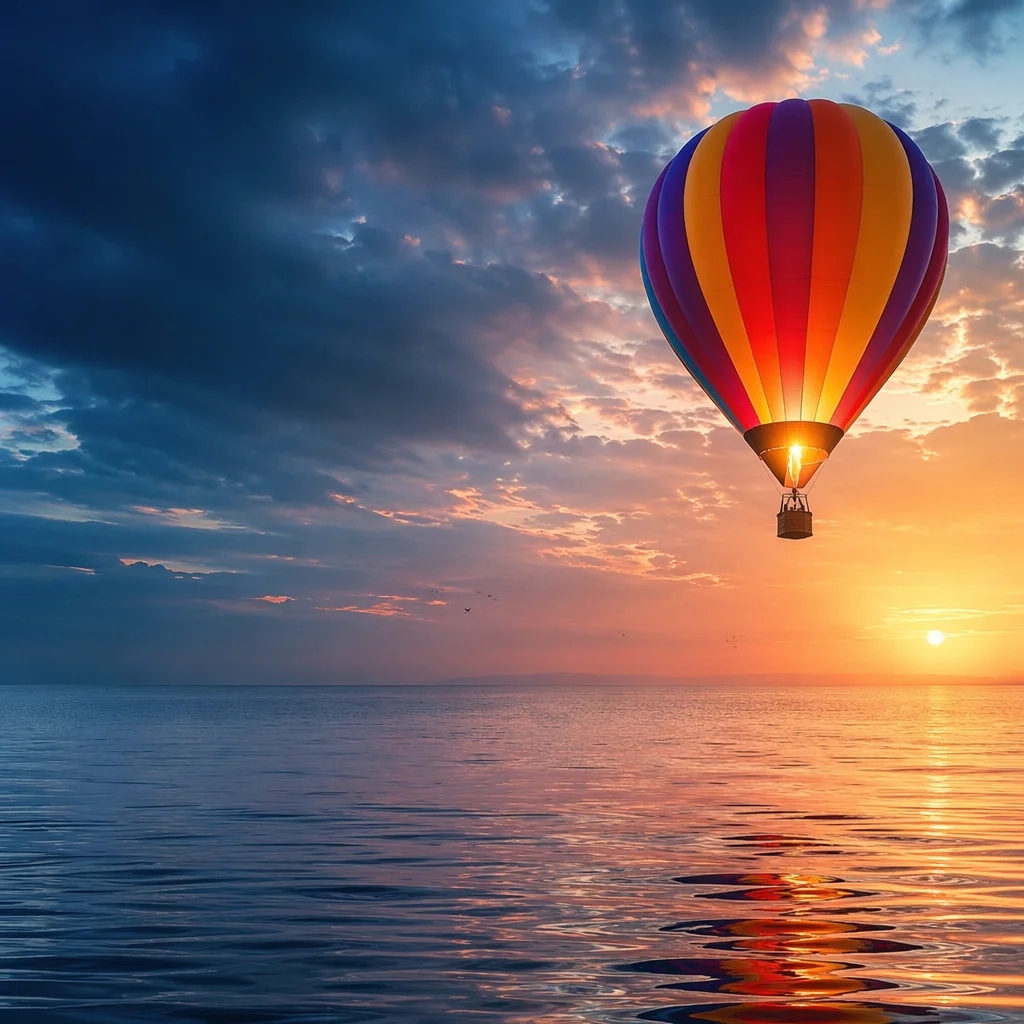 Colorful Hot Air Balloon Over Sunset Sea