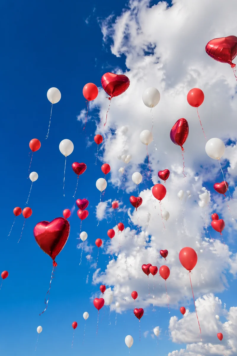 Colorful Balloons Rising in Blue Sky