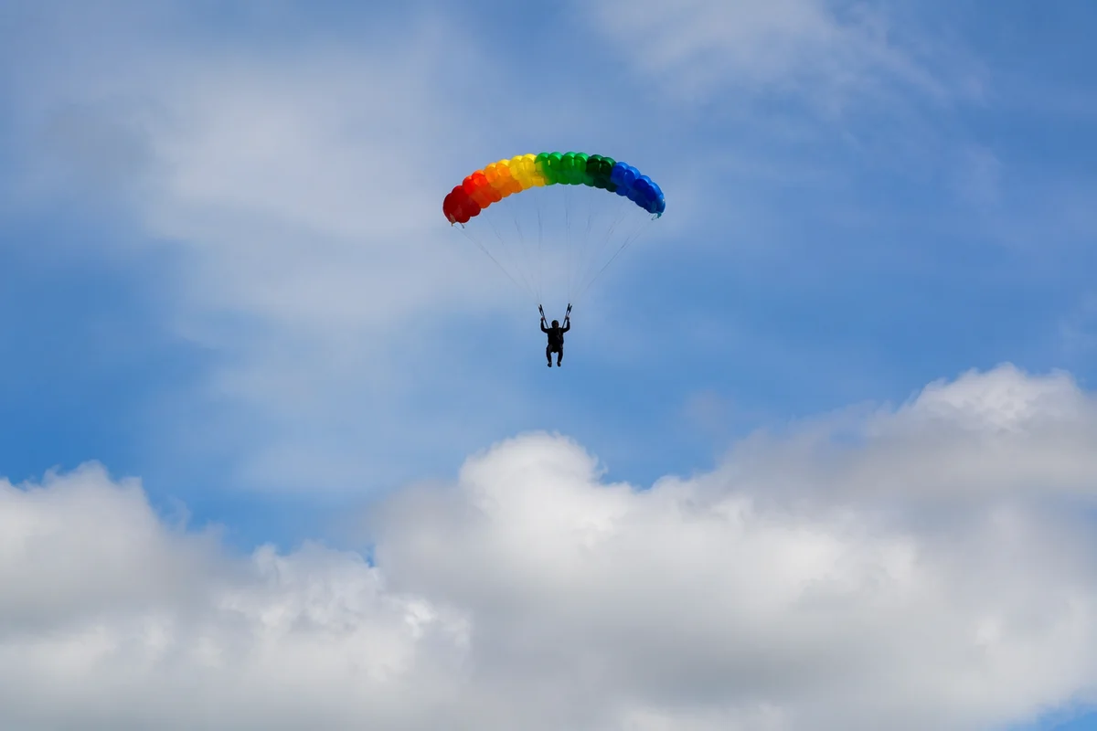 Rainbow Parachute in Open Blue Sky