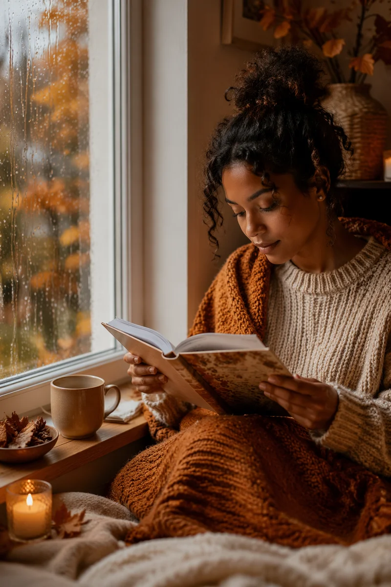 Young Woman Reading by Rainy Window