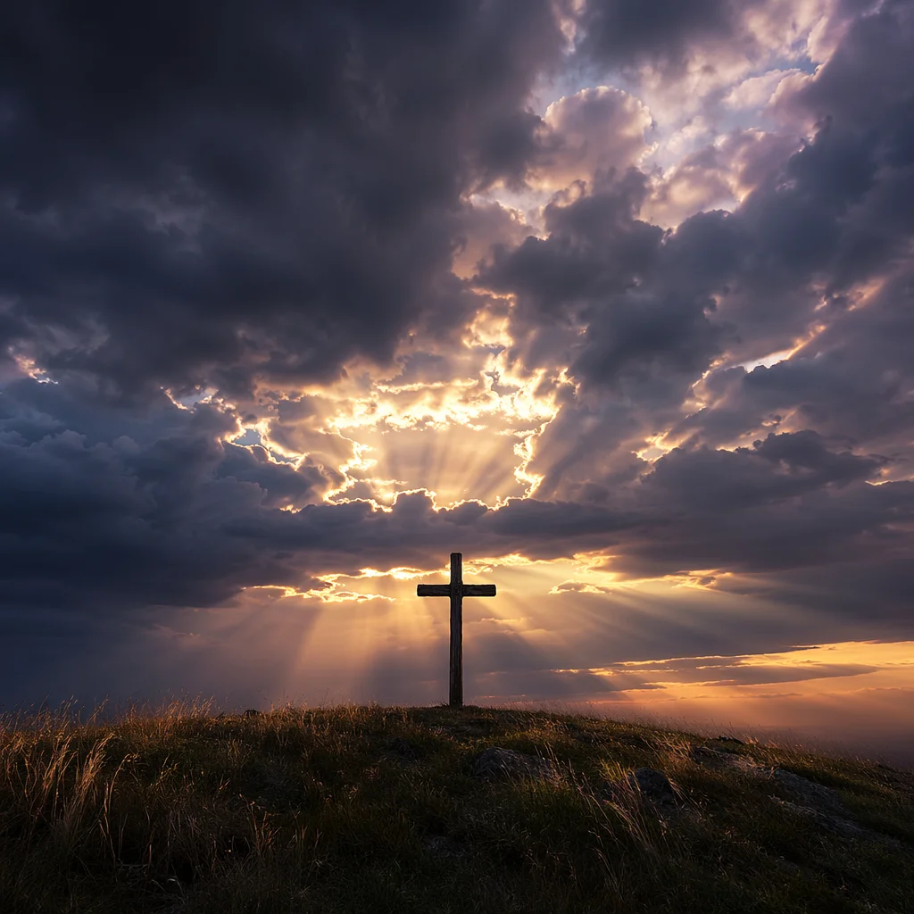Solitary Cross on Hill at Dusk