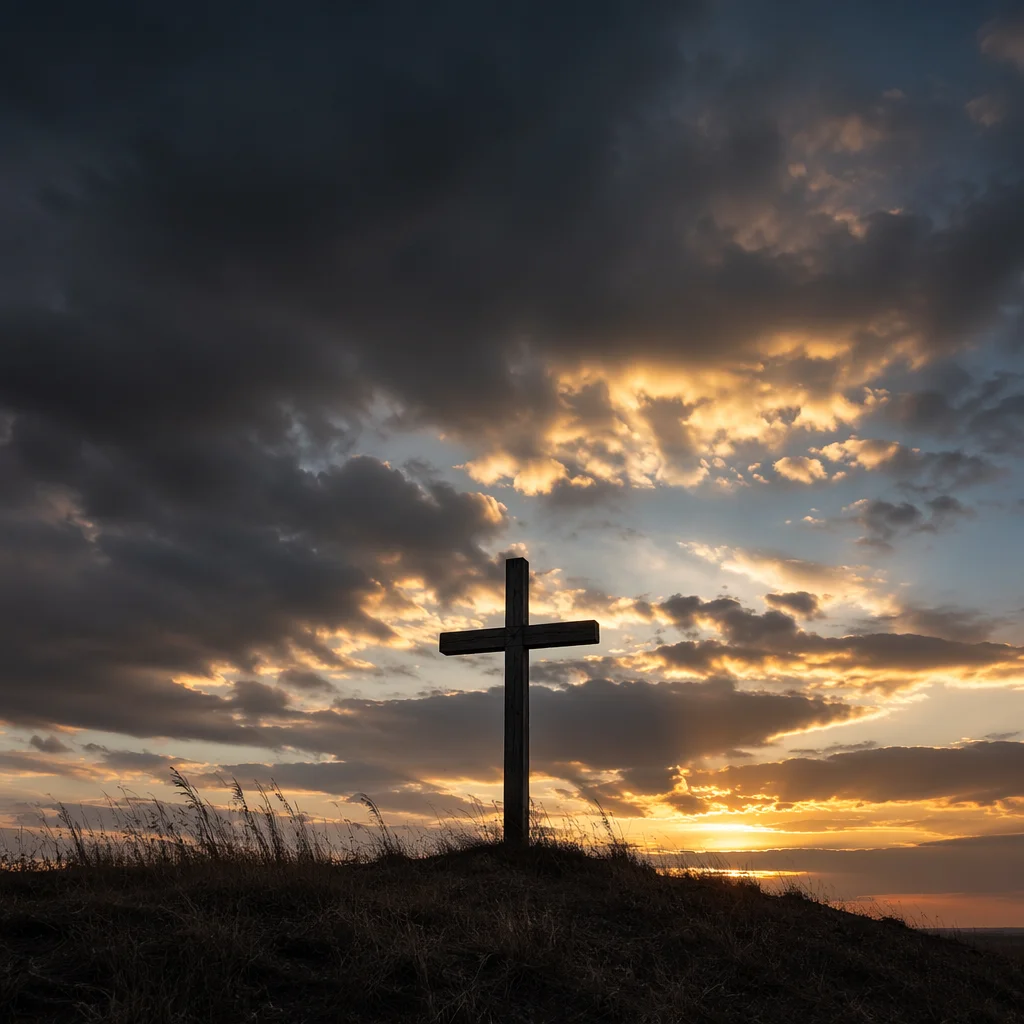 Wooden Cross Silhouette Under Dramatic Sky