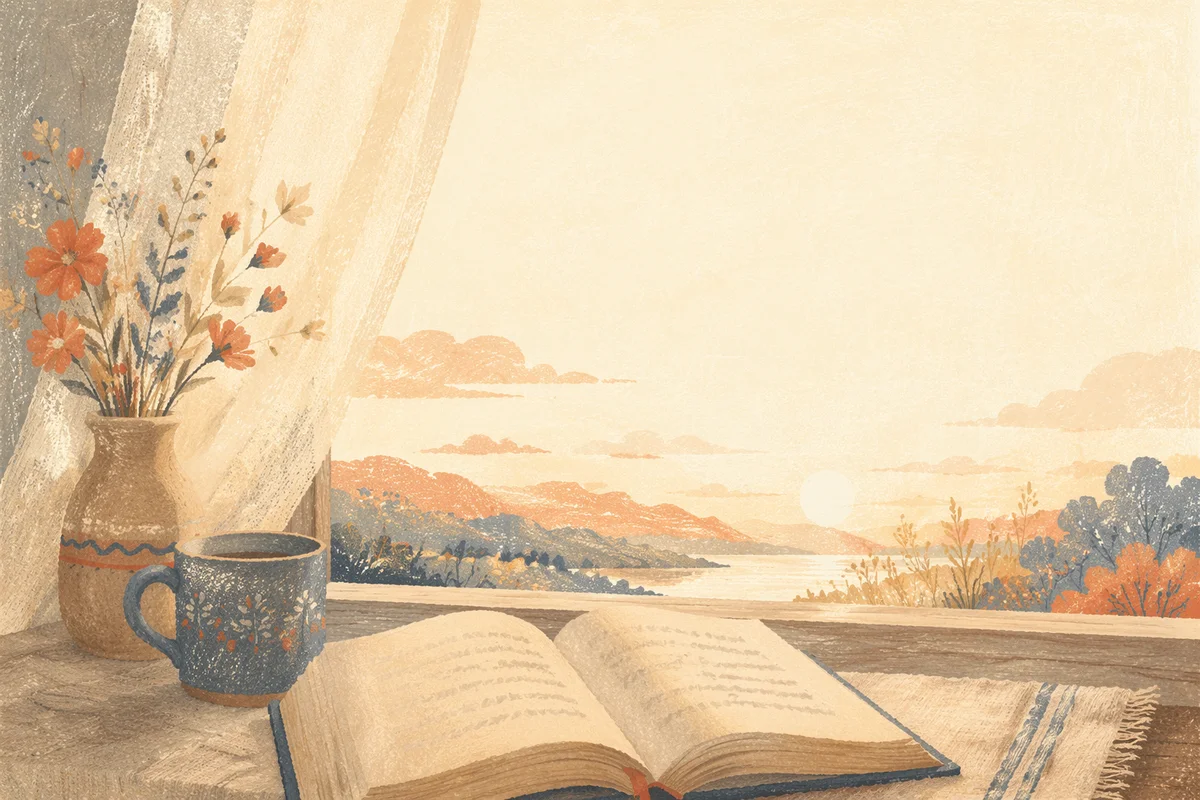 Open Book and Mug at Sunrise