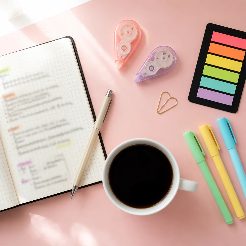 Morning Planner with Coffee on Pink Desk