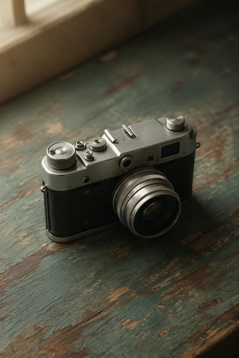 Vintage Film Camera on Weathered Teal Table