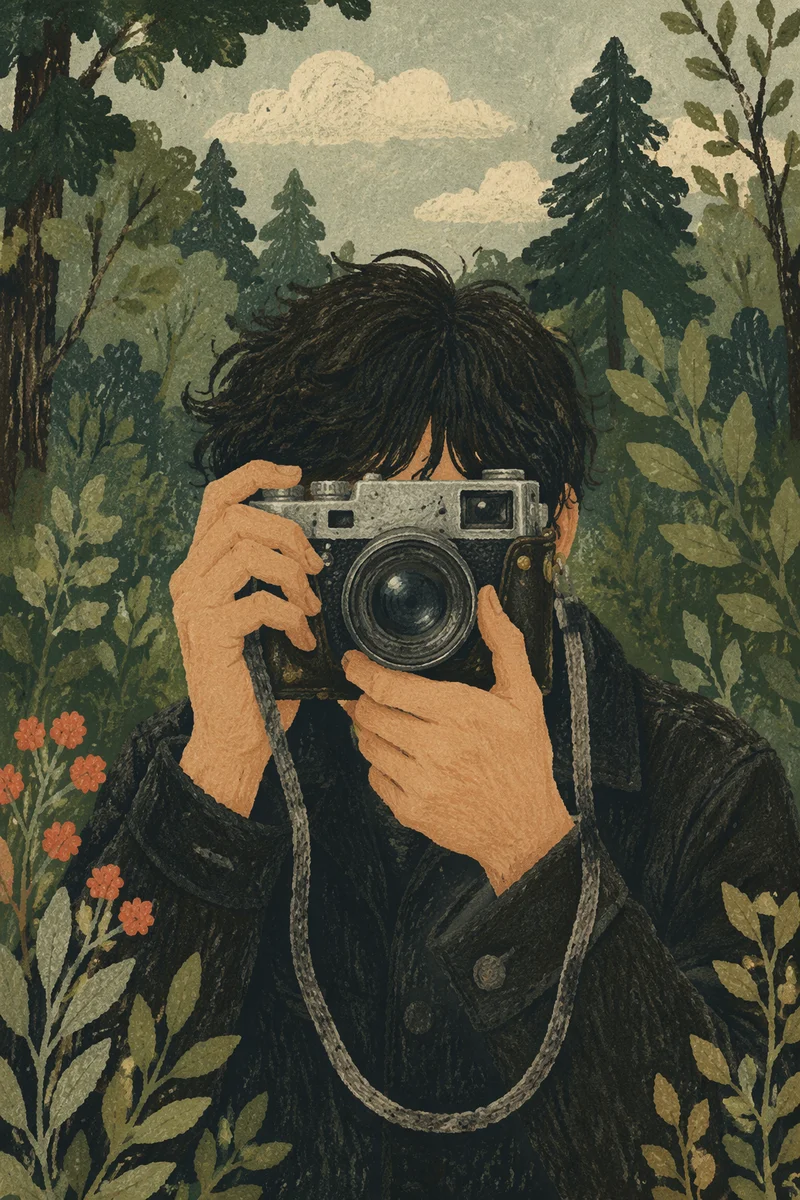 Vintage Camera Portrait in Forest Bokeh