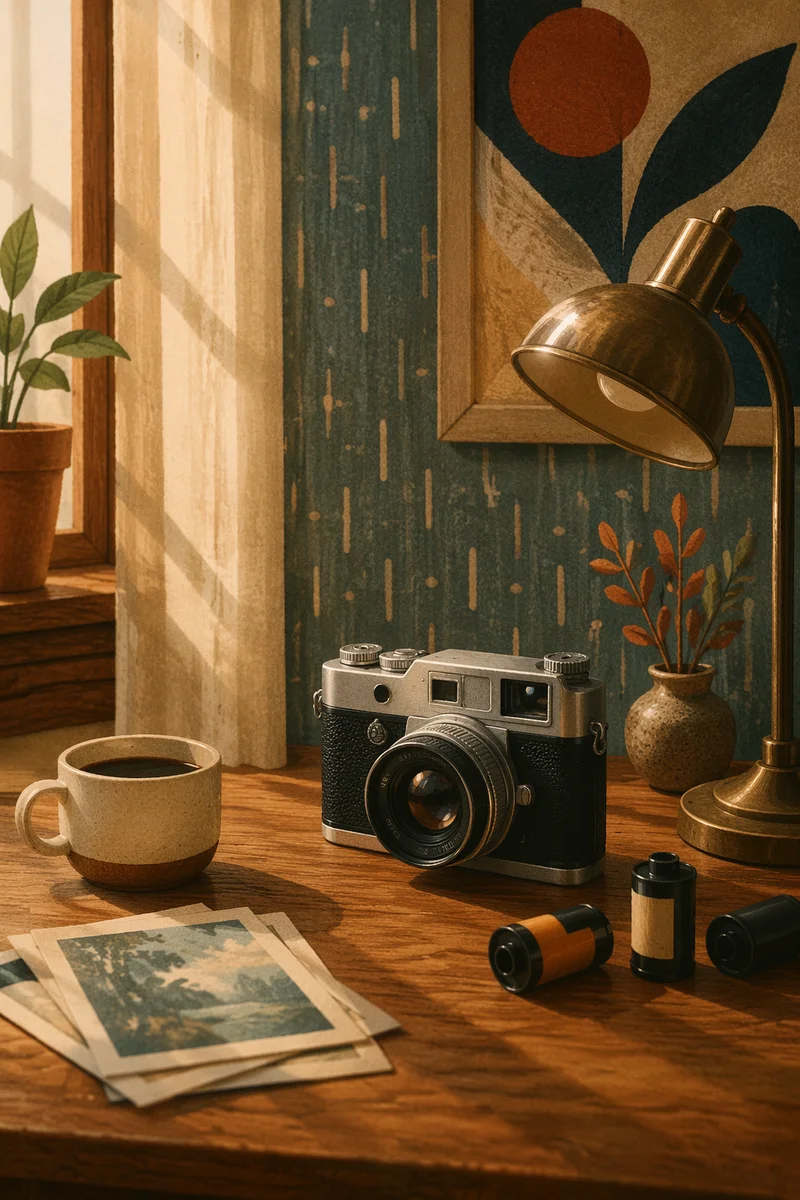 Vintage Film Camera on Retro Styled Table