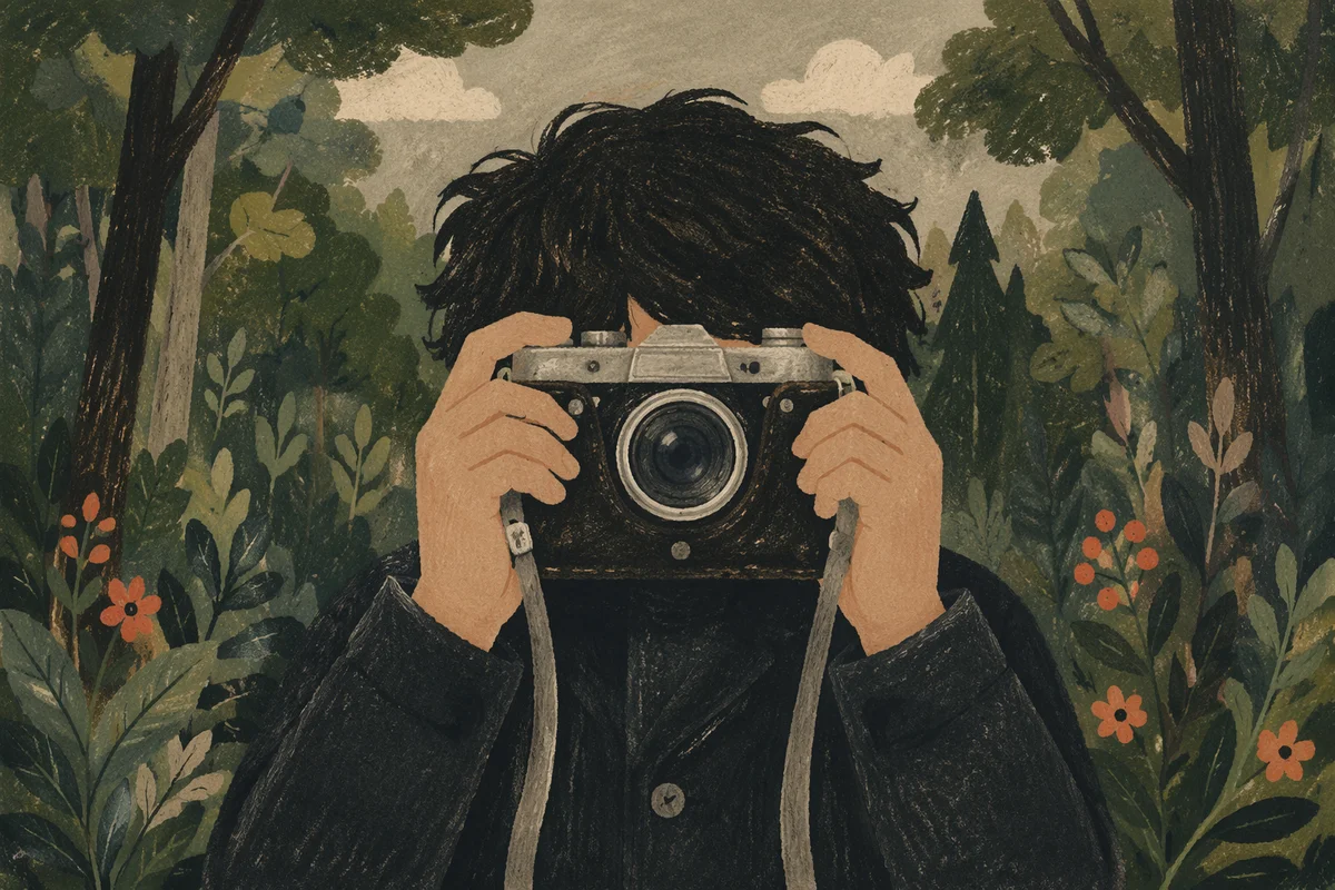 Vintage Film Camera in Forest Portrait