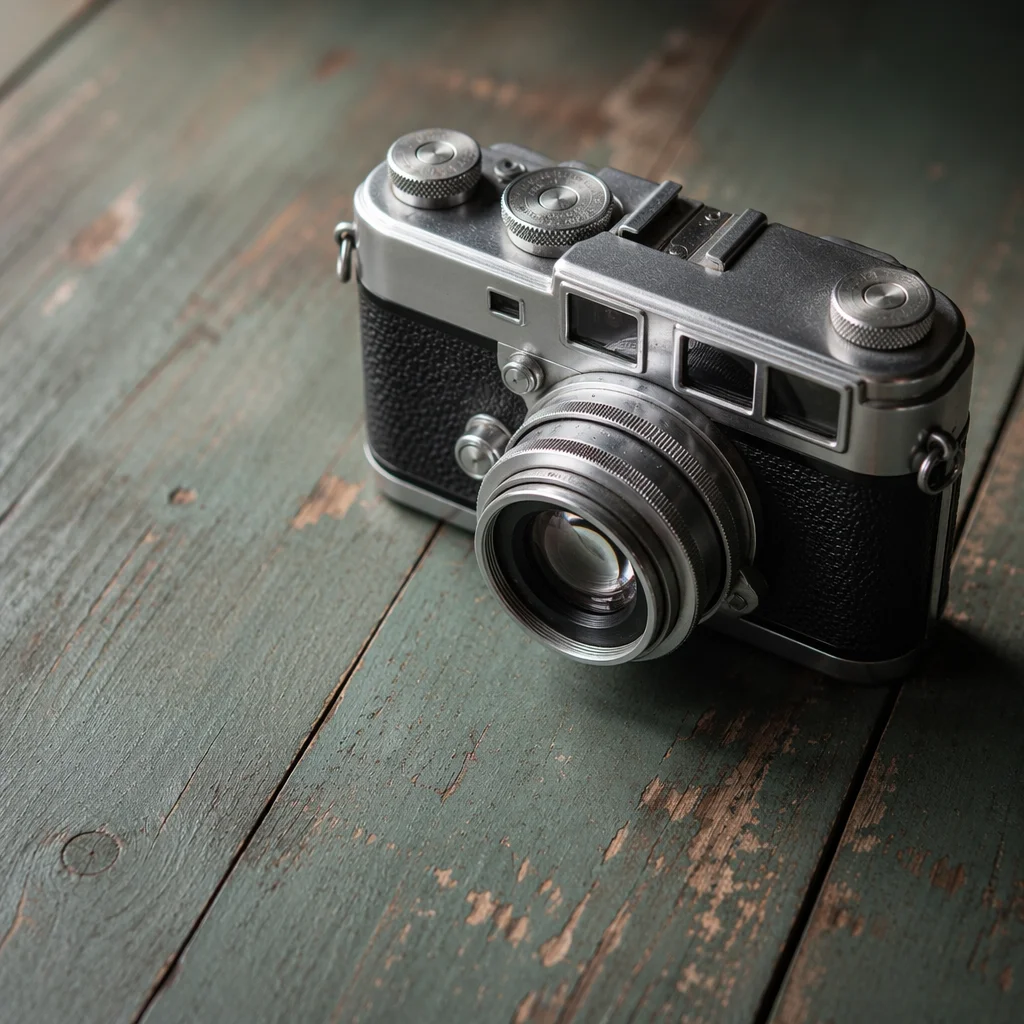 Vintage Film Camera on Rustic Teal Table