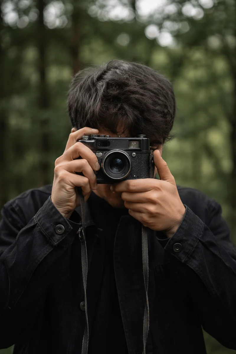 Vintage Film Camera Portrait in Woodland