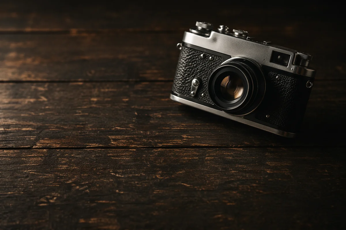 Vintage Film Camera on Rustic Wooden Table
