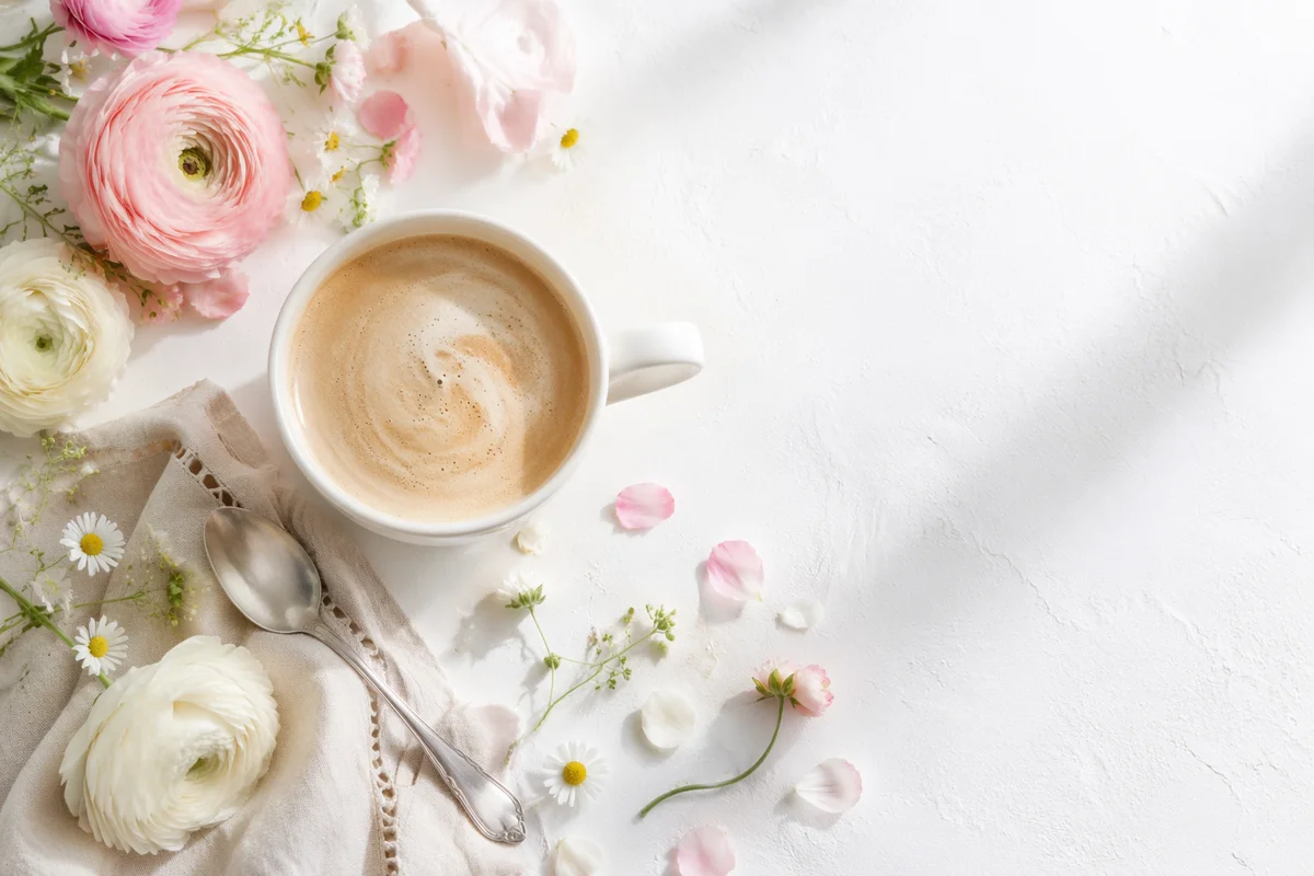Flat Lay Latte and Spring Flowers